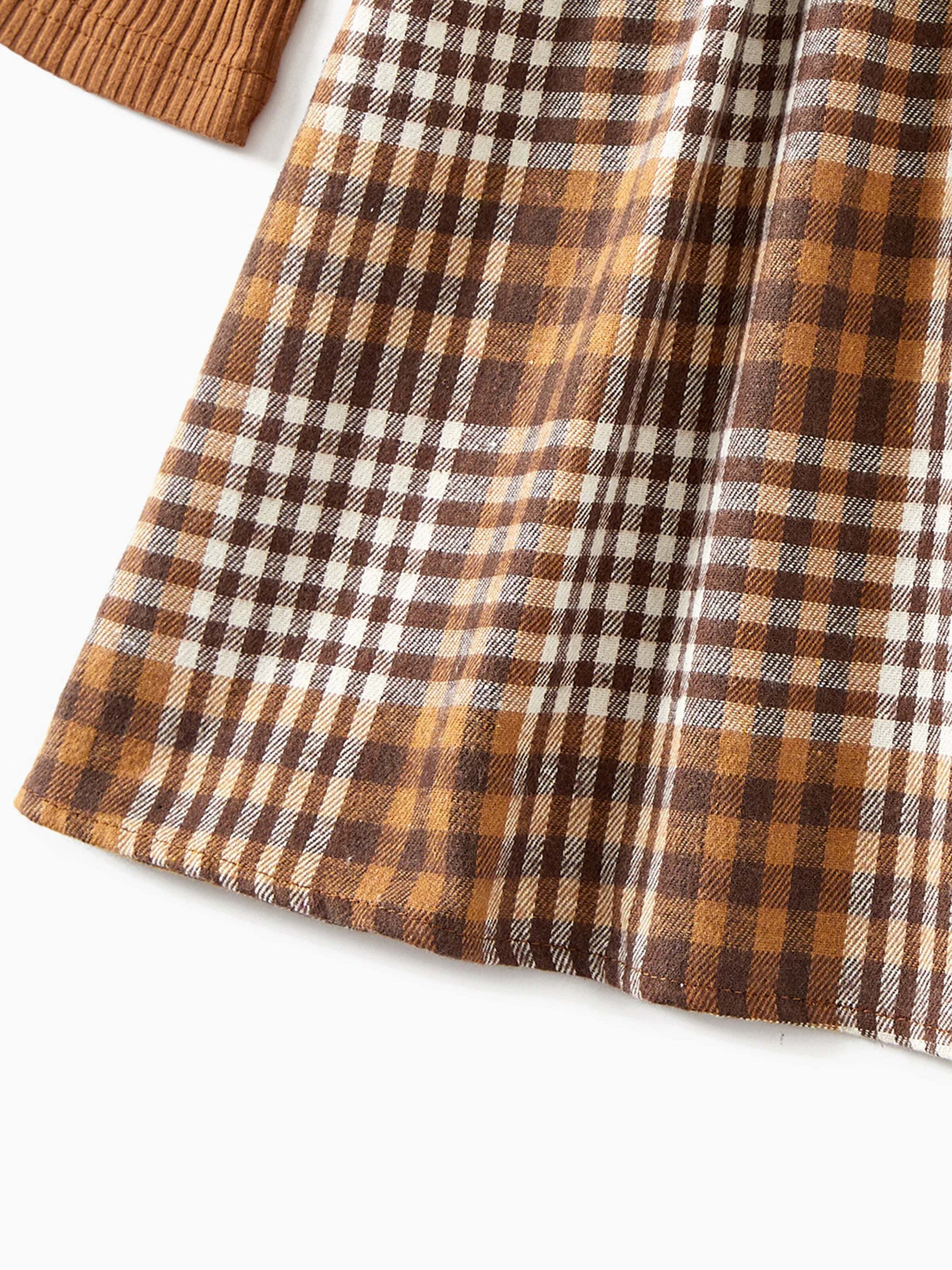 Family Matching Coffee Ribbed Spliced Plaid Belted Dresses and Long-sleeve Colorblock Tops Set Coffee