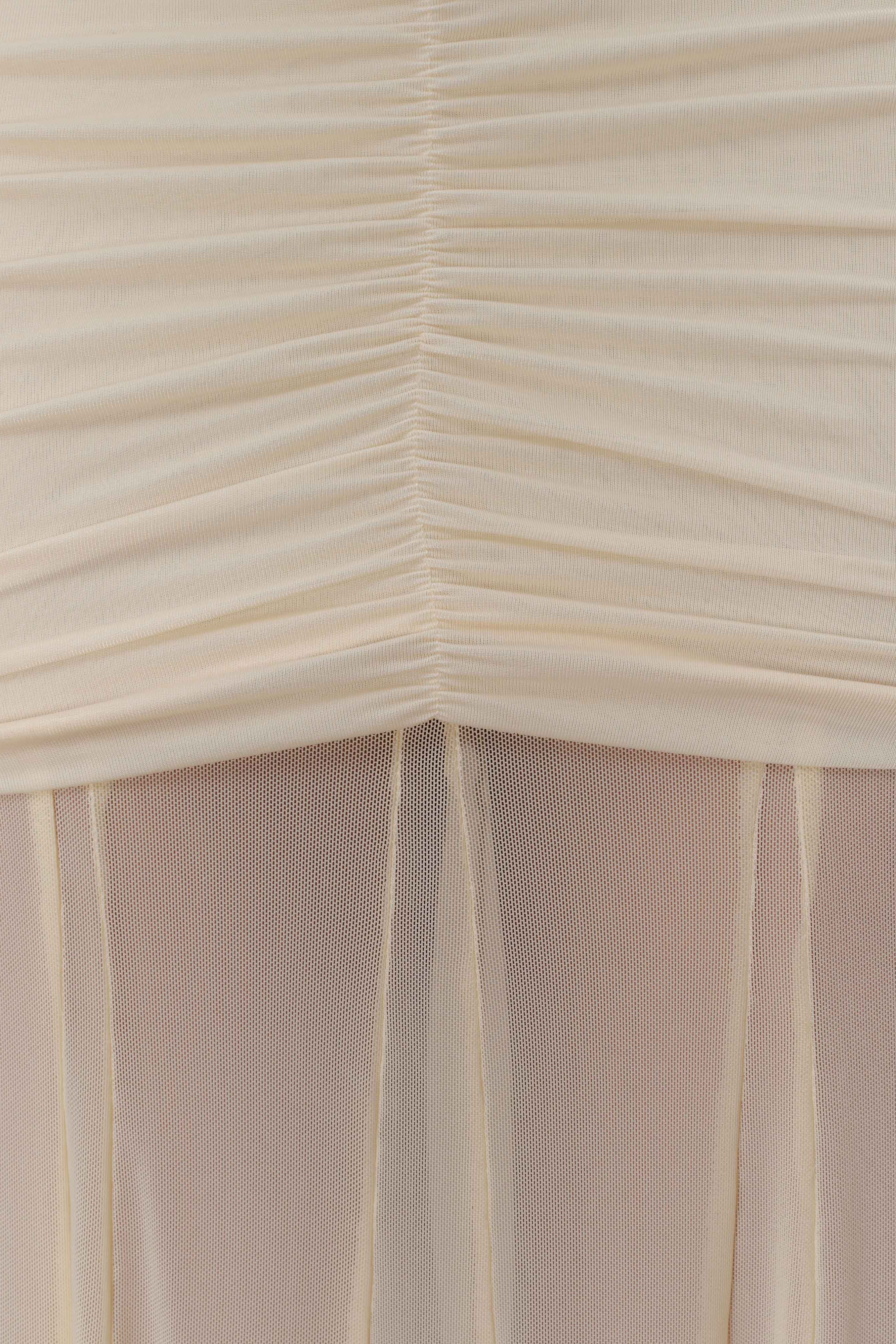 Ivory Slinky And Mesh Off Shoulder Maxi Dress