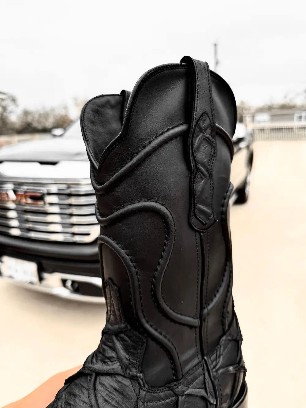 Matte Black Pirarucu Leather Boots - Square Toe