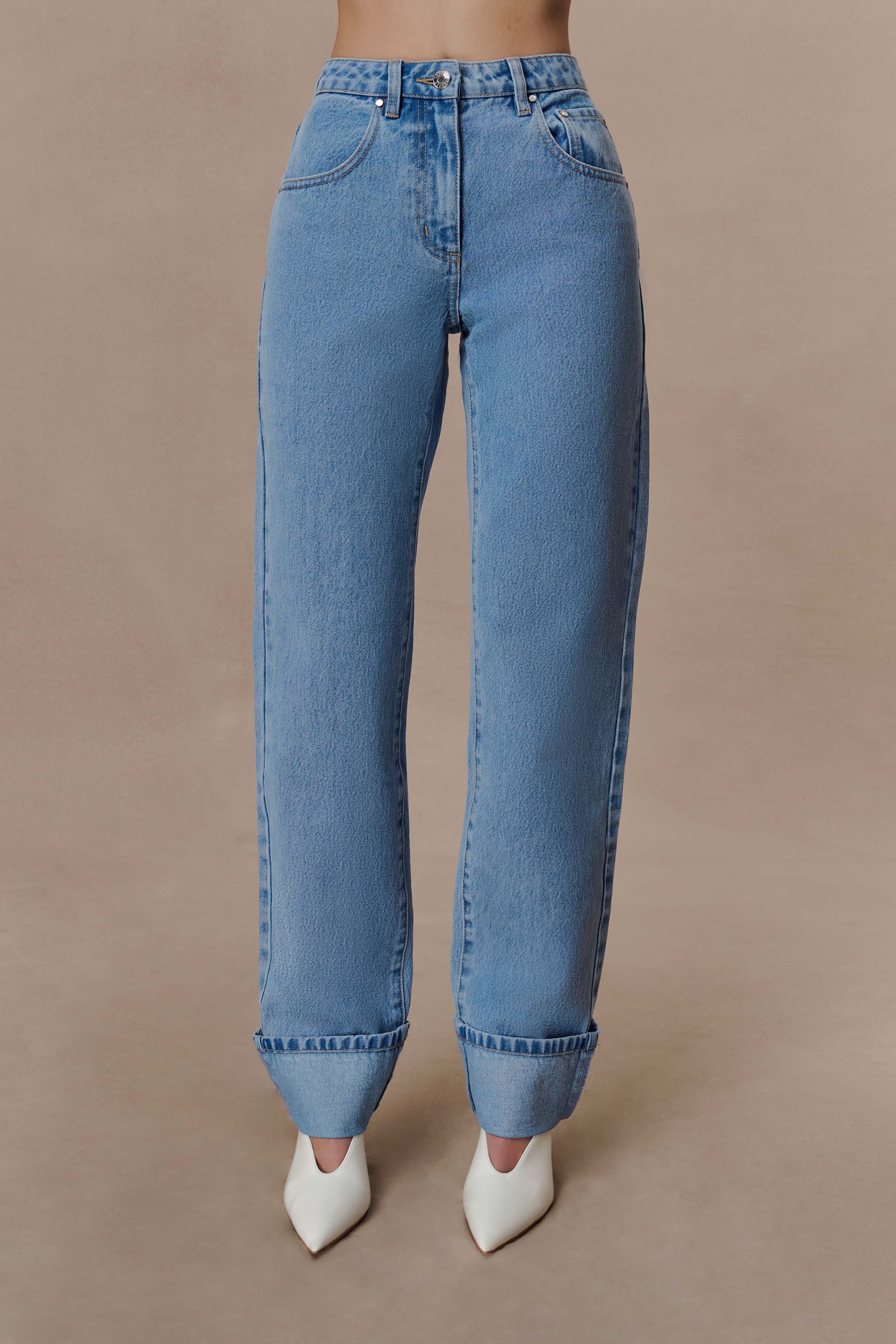 Blue Straight Leg Cuffed Jeans