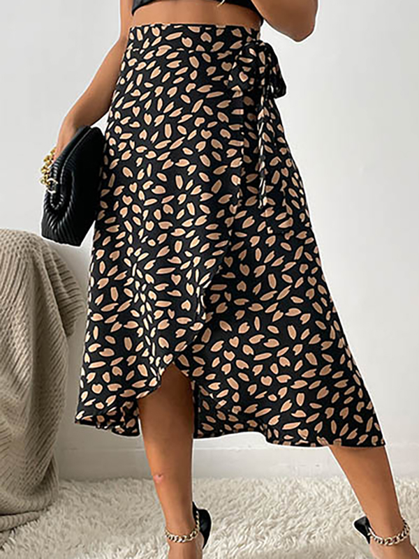 Printed Split-Front Tied Waist A-Line High-Low Skirts Bottoms