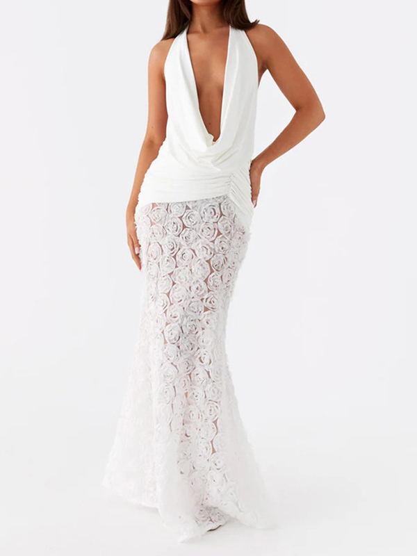 3D Flower Mesh Splicing Sleeveless Halterneck Sexy Memaid Maxi Dresses