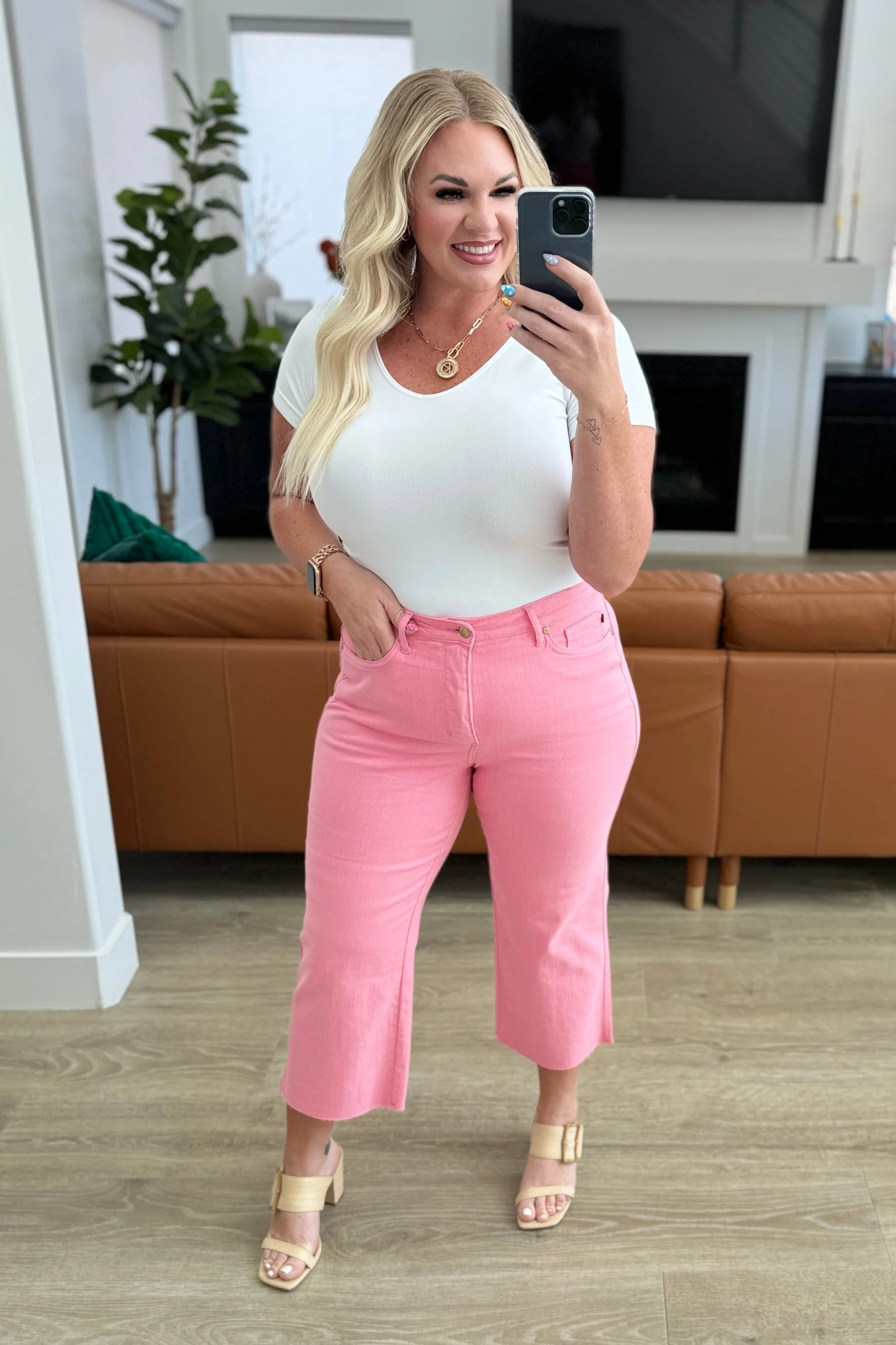 High Rise Control Top Wide Leg Crop Jeans in Pink