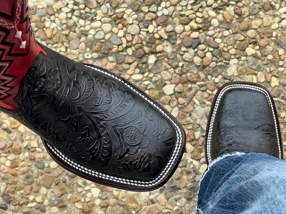 Men’s Dark Brown Hand-Tooled Leather Boots With Red Shaft