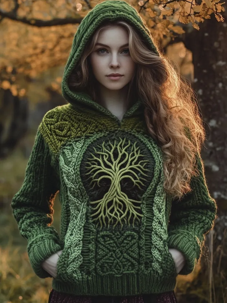 Viking Tree Of Life Knit Pattern Women's Hooded Sweater