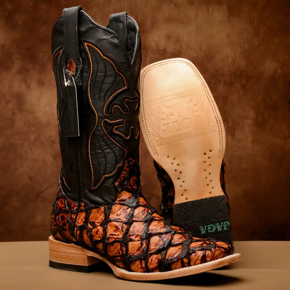 Cognac Jumbo Pirarucu Leather Boots - Square Toe