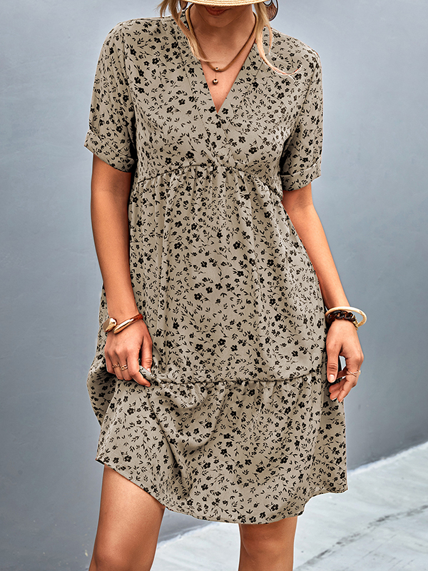Flower Print Split-Joint Short Sleeves V-Neck Mini Dresses