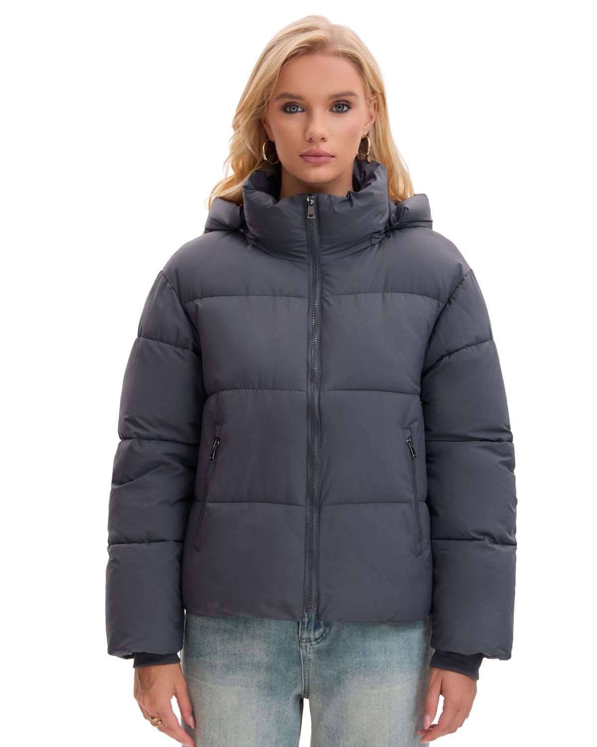 WarmCore Premium Short Puffer Jackets with Removable Hood & Optional Faux Fur Linging, Lady Casual Outerwear Longsleeves Zip Pockets Warm Quilted Coat
