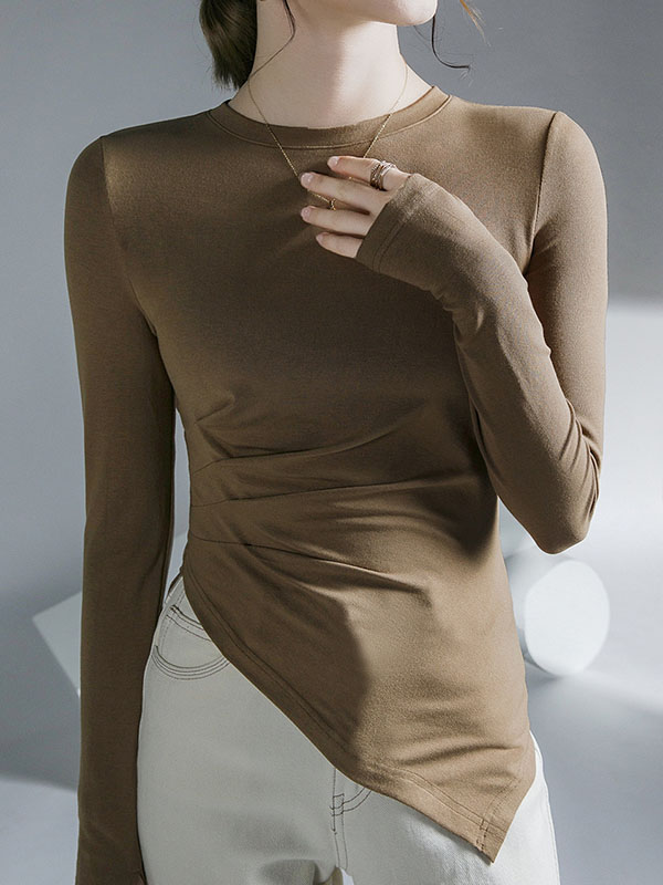 Asymmetric Pleated Solid Color Long Sleeves Skinny Round-Neck T-Shirts Tops