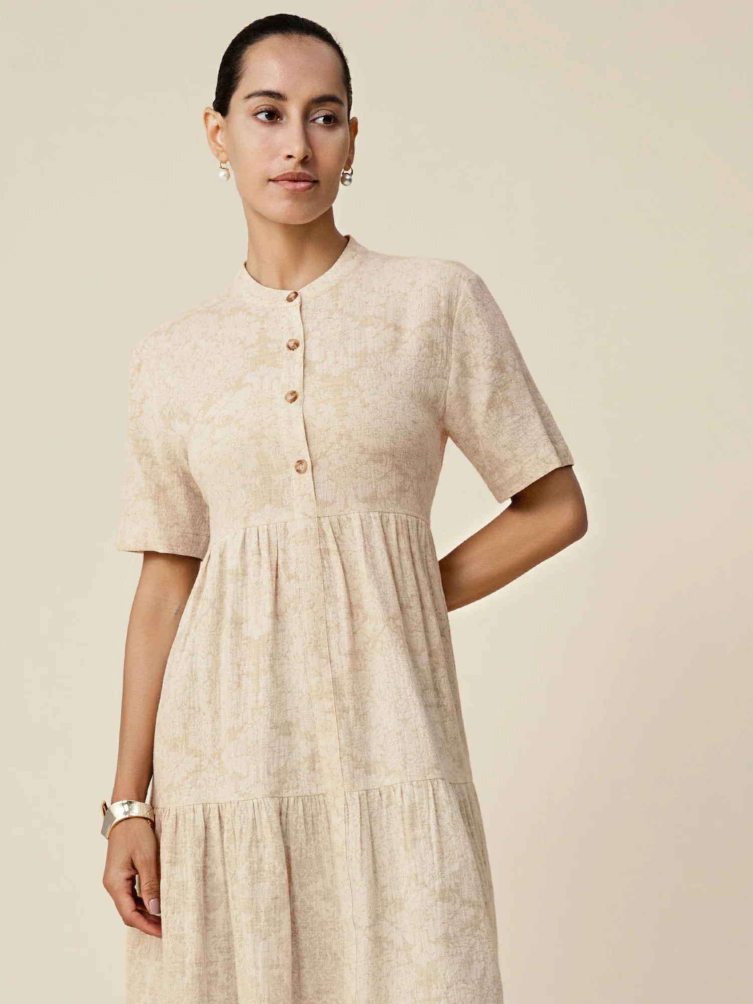 Cotton & Linen Stand Collar Short Sleeve Loose Ruffle Dress