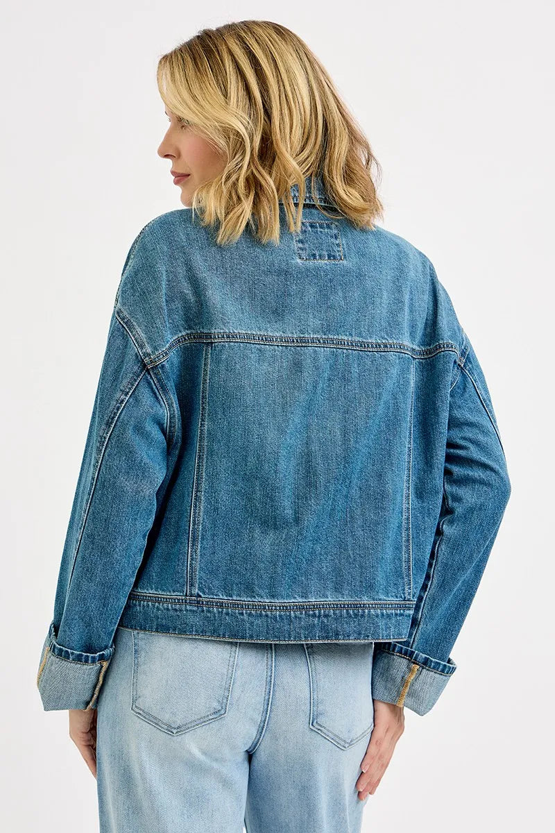 Oversized Cargo Pocket Denim Jacket with Cuffed Sleeves