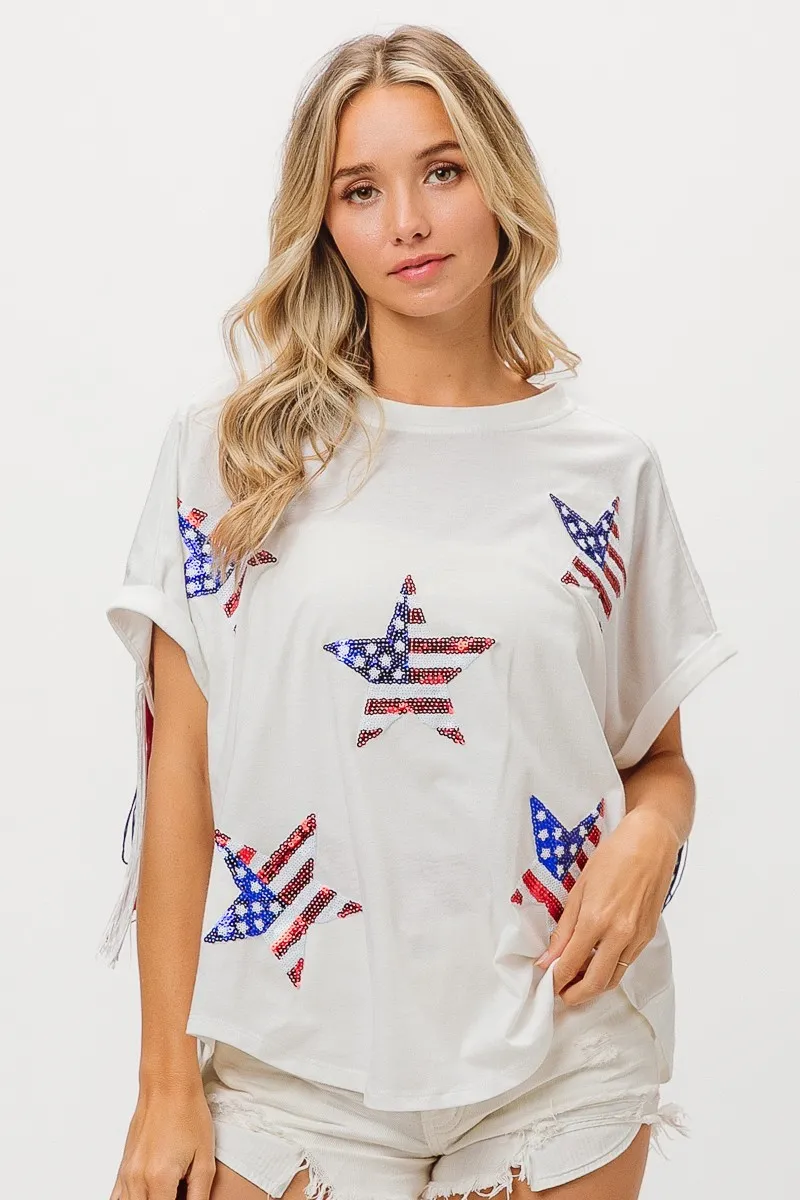 American Flag Sequin Star Fringe Top