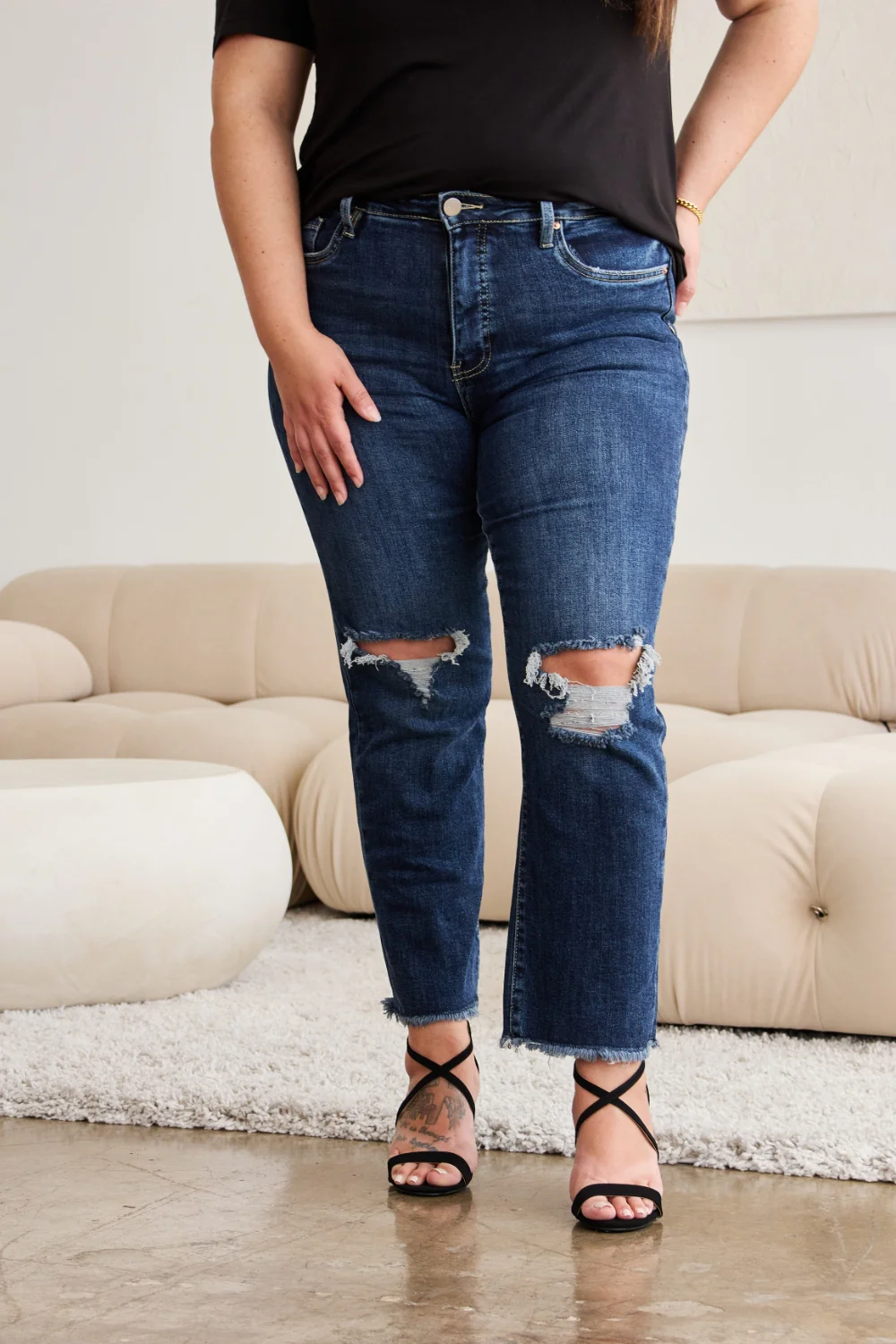 Crop Full Size Tummy Control Distressed High Waist Raw Hem Jeans