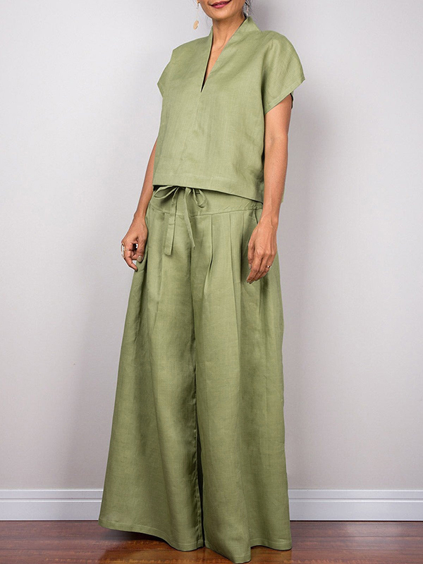 Drawstring Pleated Solid Color Split-Joint High Waisted Loose Trousers Pants