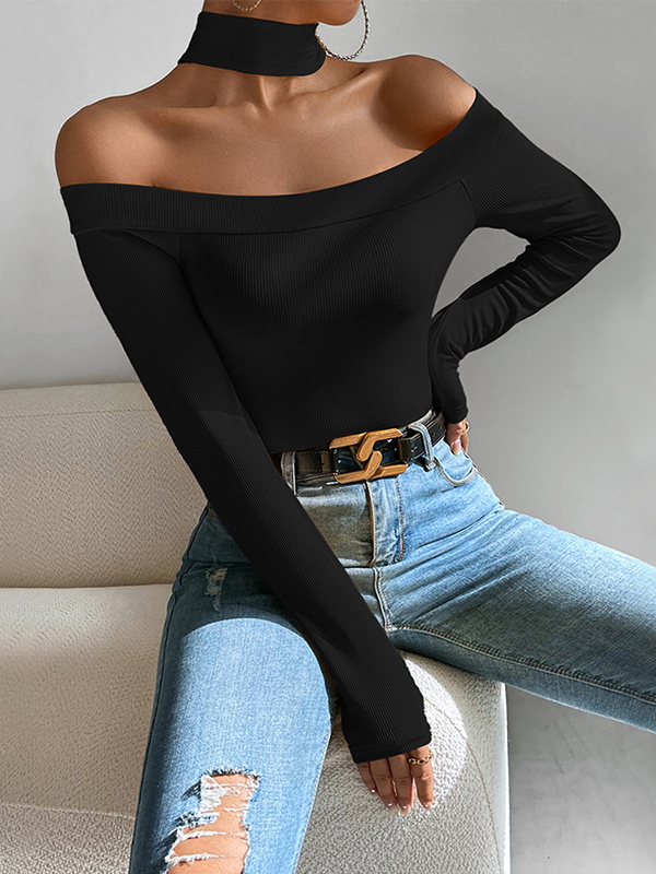 Solid Color Long Sleeves Skinny Off-The-Shoulder T-Shirts Tops