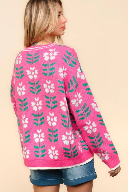 Fancy  Floral Jacquard V-Neck Button Up Cardigan