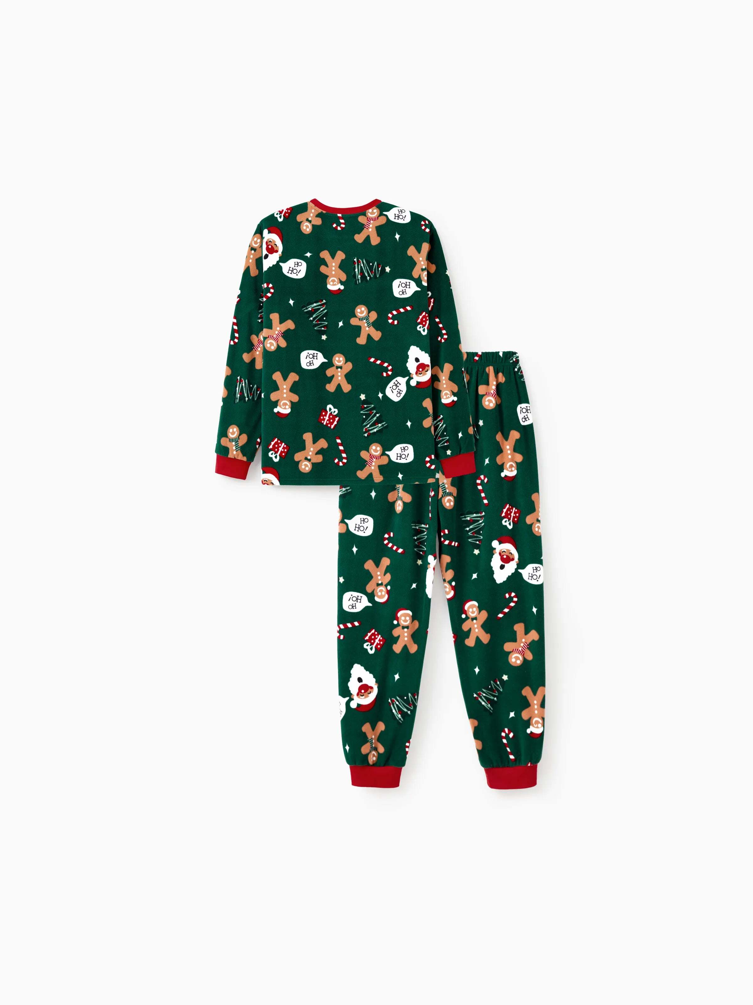 Christmas Pajamas Family Matching Fleece Gingerbread Man Long Sleeves Pajamas Sets with Christmas Socks Dark Green