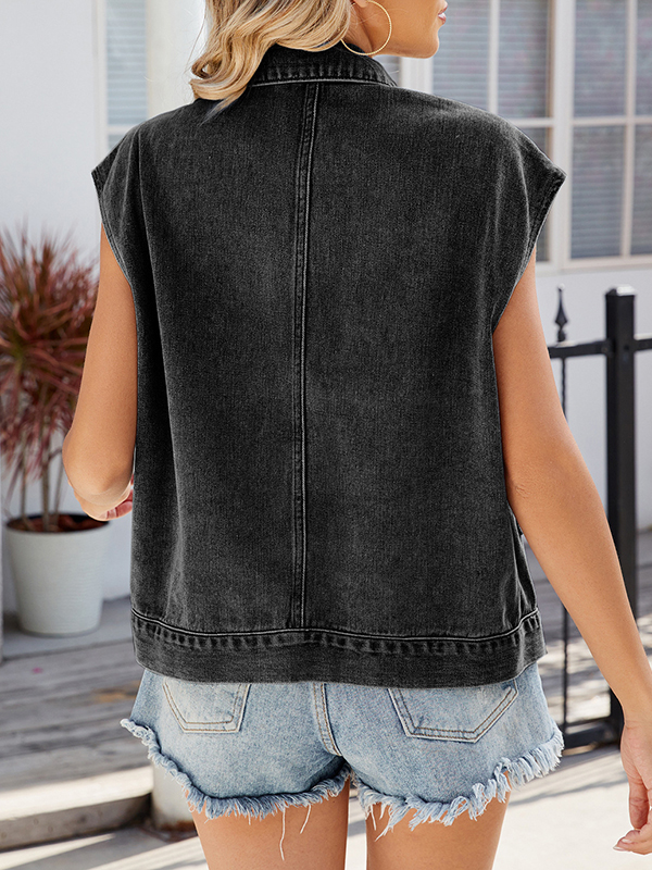 Buttoned Pockets Loose Sleeveless Lapel Vest Outerwear
