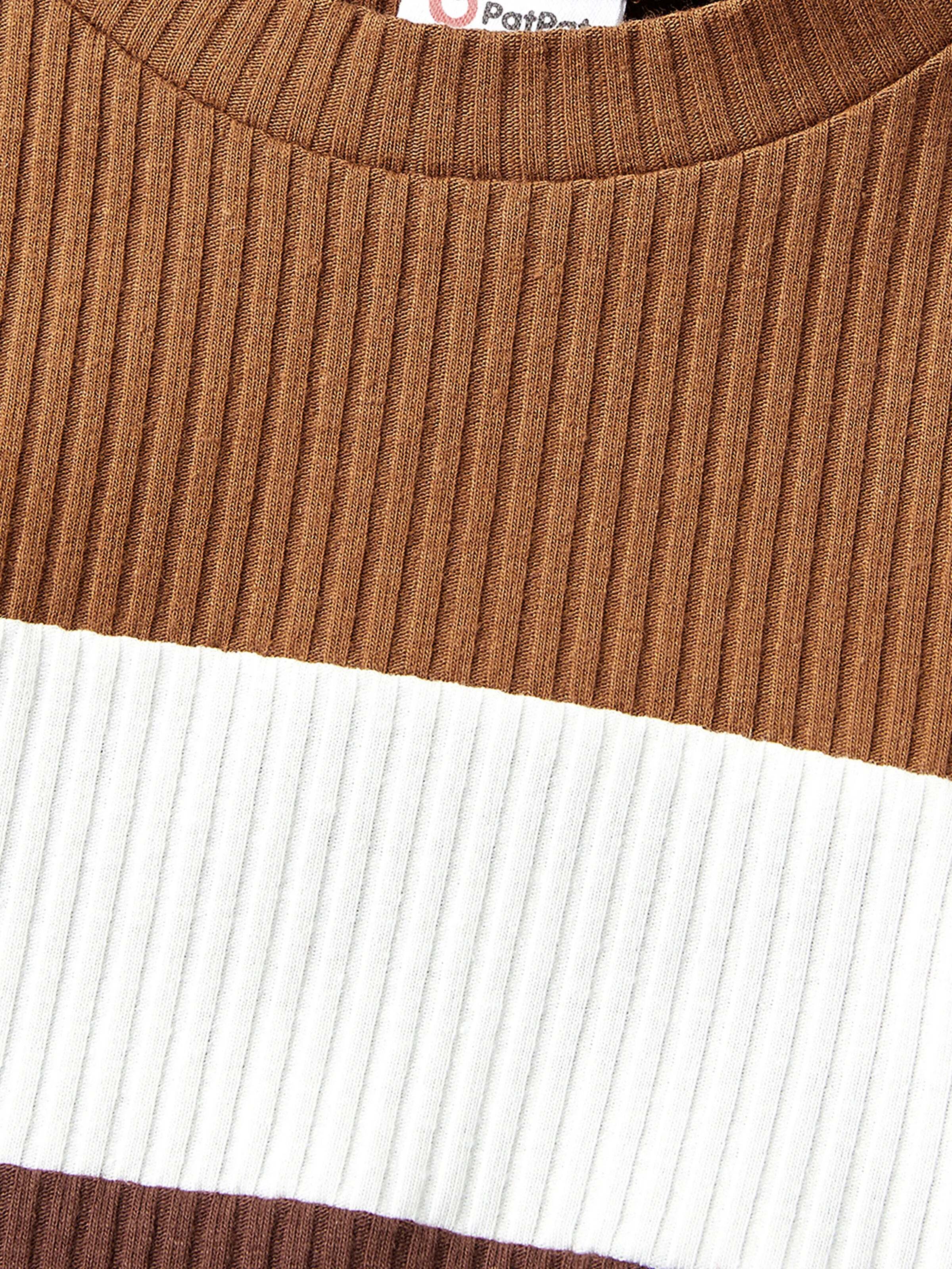 Family Matching Coffee Ribbed Spliced Plaid Belted Dresses and Long-sleeve Colorblock Tops Set Coffee