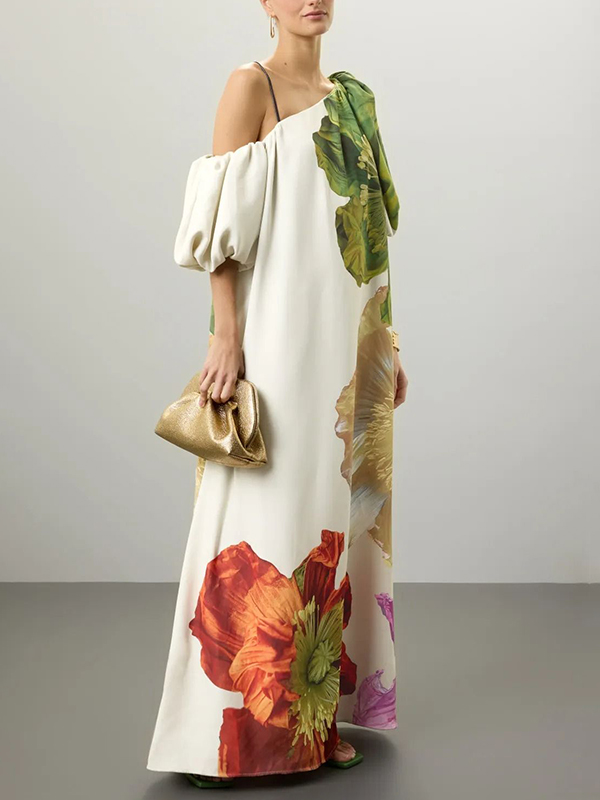 A-Line Loose Elasticity Flower Print One-Shoulder Maxi Dresses