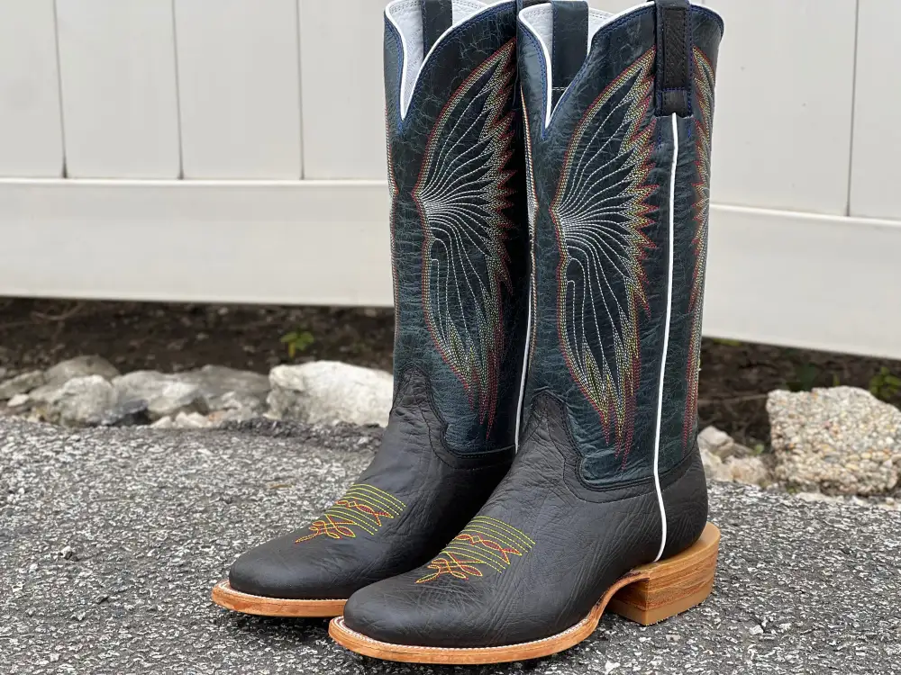 Men’s Black Shoulder Leather Boots With Navy Blue Shaft