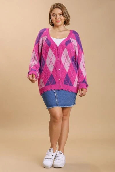 Elegant Argyle Pattern V-Neck Button Front Cardigan
