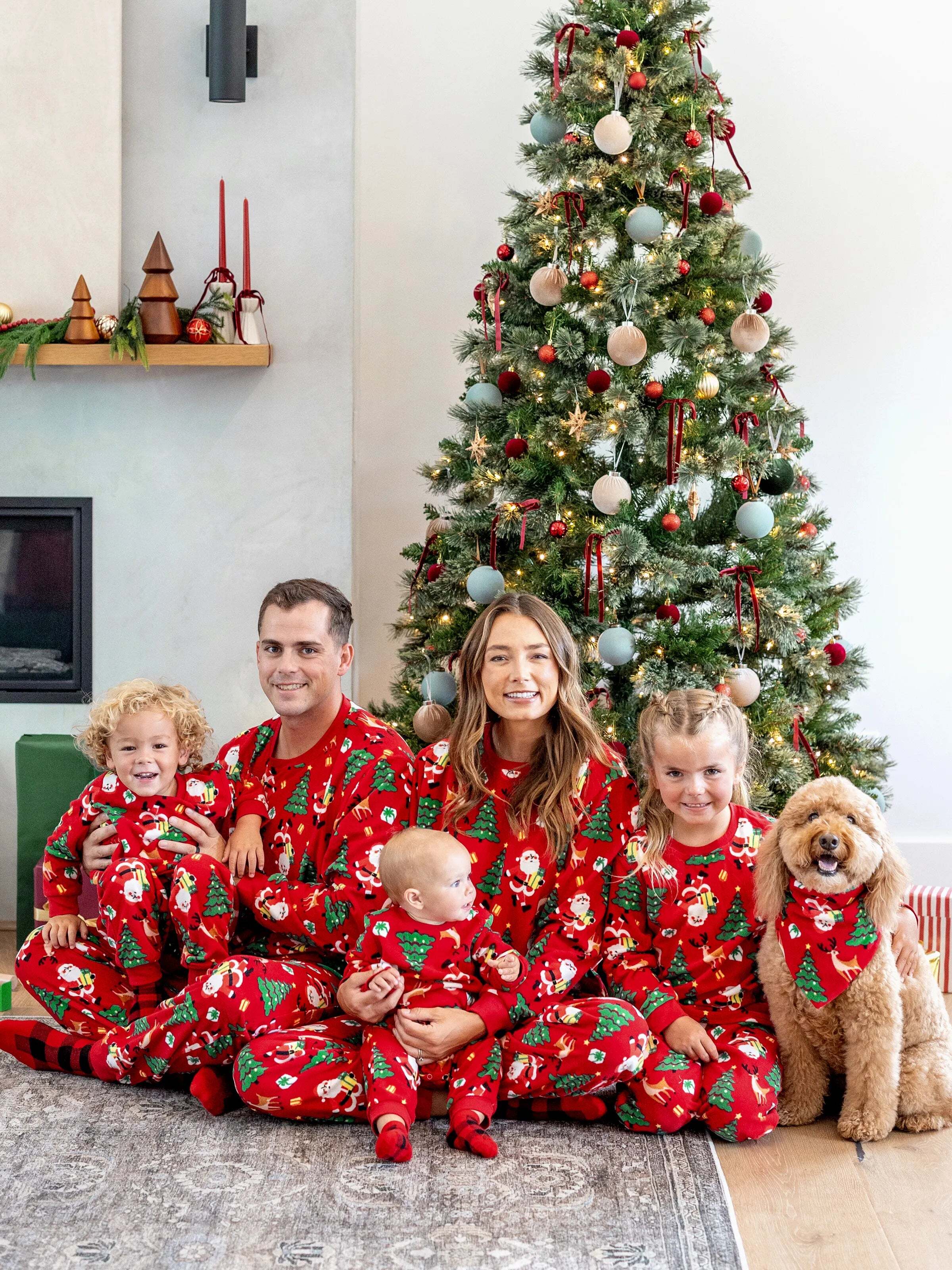 Christmas Matching Family Pajamas Set Santa Claus and Christmas Tree Print Red Fleece PJS with Christmas Socks Red