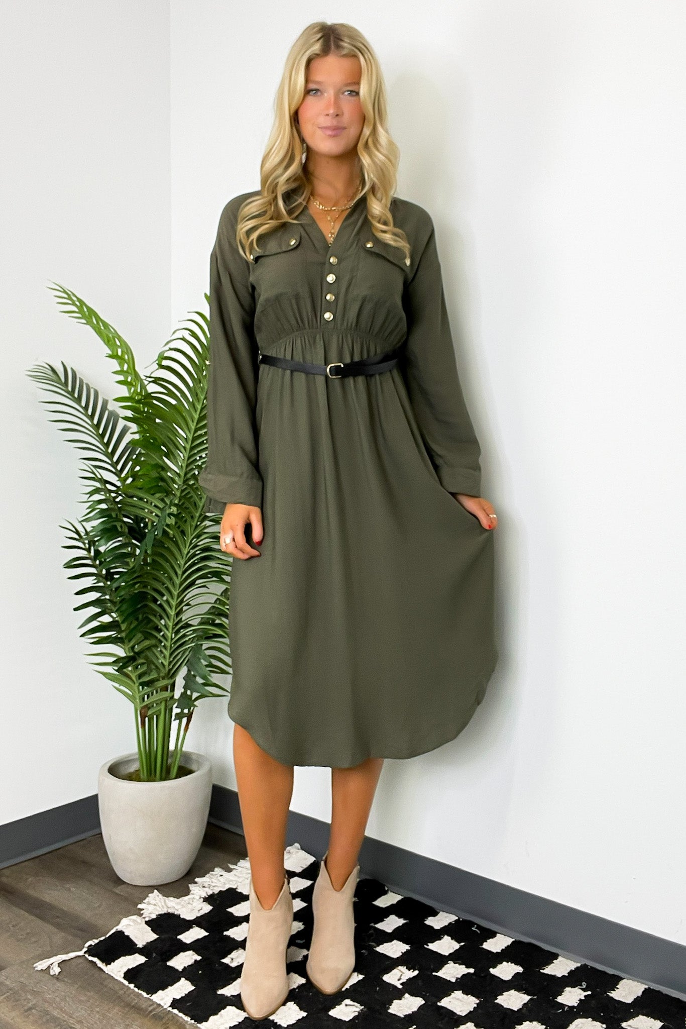 Adeline Button Down Belted Midi Dress