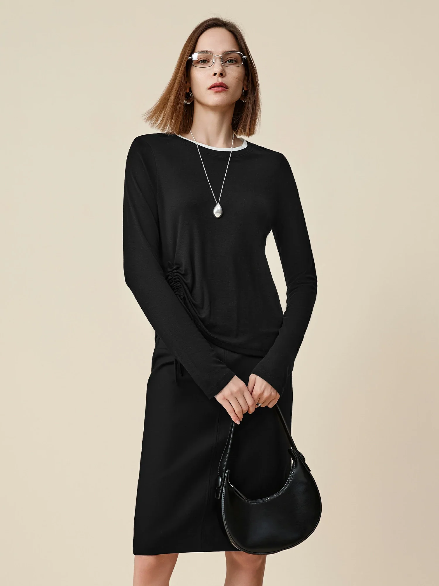 Lyocell & Wool Round Neck Long Sleeve Drawstring T-Shirt