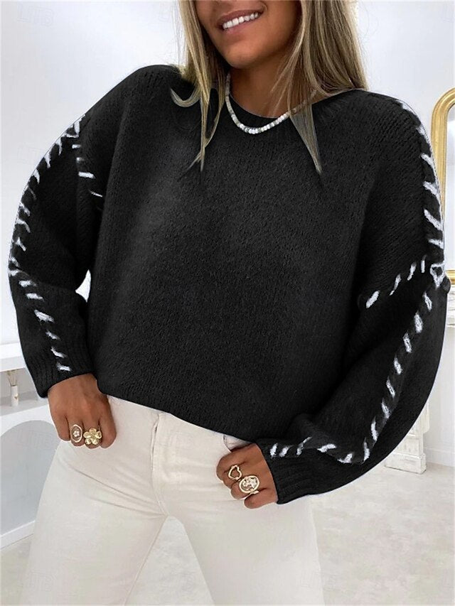 Women's Sweater Casual Soft Pure Color Ribbed Crew Neck Knitted Long Sleeve Regular Tops