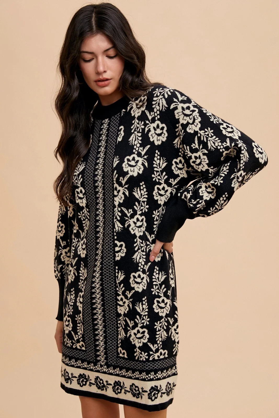 Wear Floral Jacquard Round Neck Sweater Dress