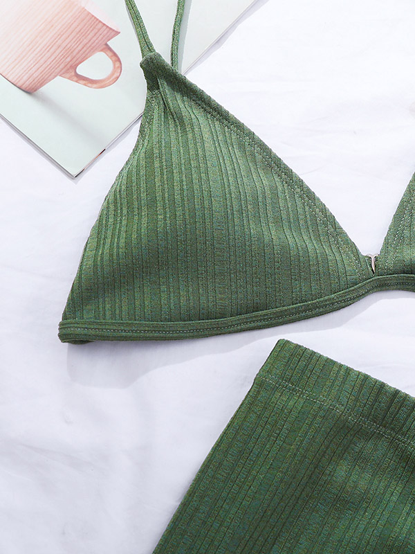 Solid Color Triangle High-Waisted Shorts Sexy Bikini Swimsuit