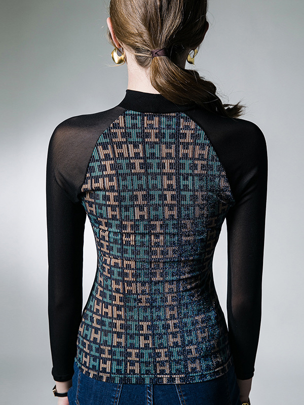 Hollow Knot Letter Print Split-Joint Long Sleeves Skinny Mock Neck T-Shirts Tops