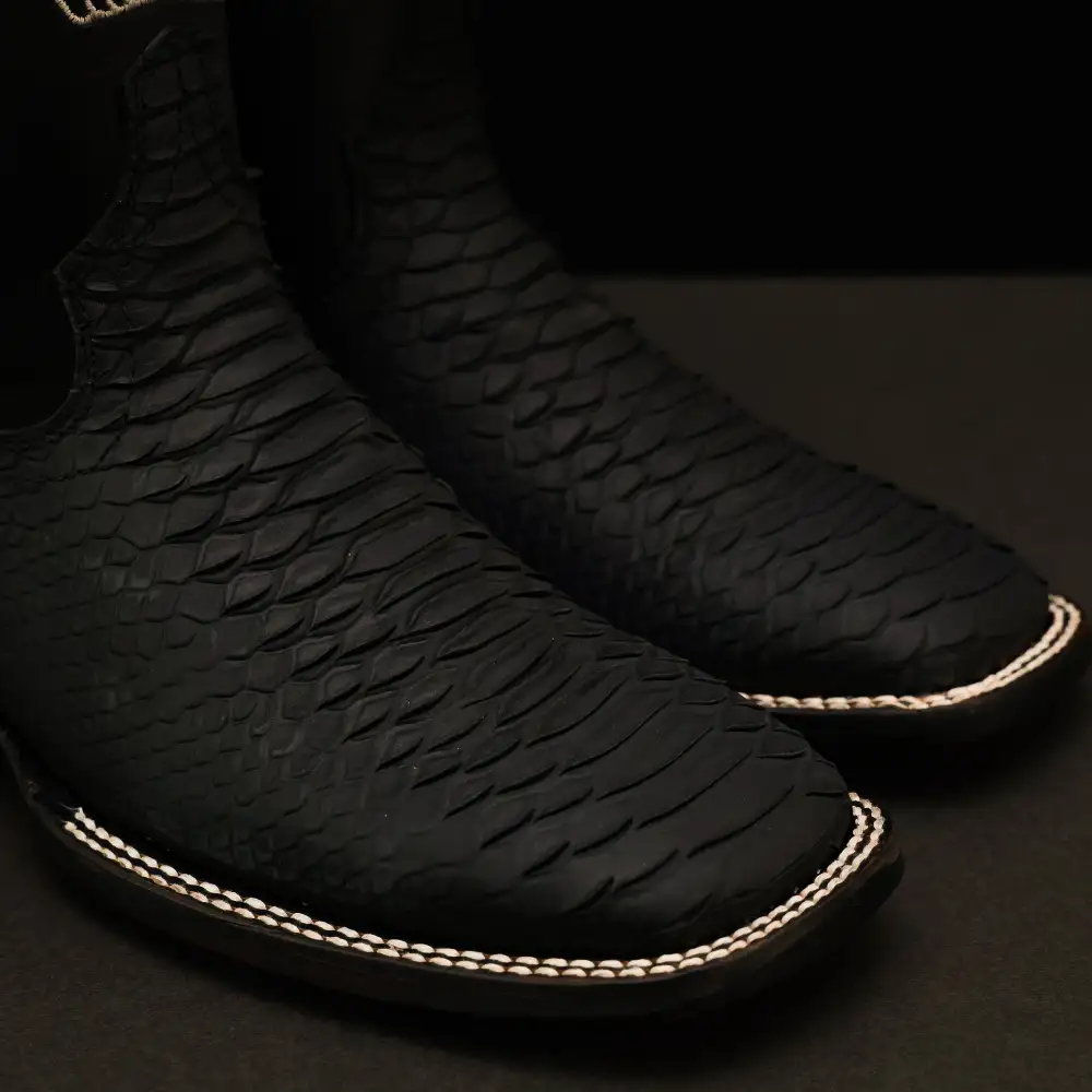 “Royal Flush” Matte Black Python Leather Boots - Square Toe