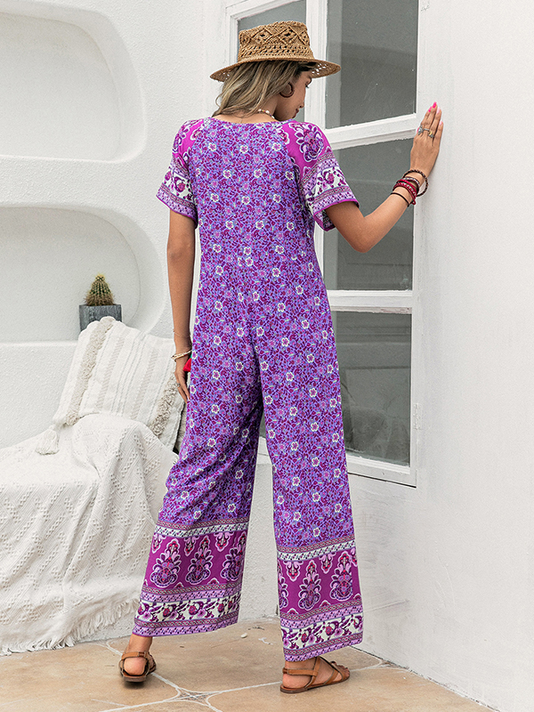 Bohemia Half Sleeves Loose Floral Printed V-Neck Jumpsuit
