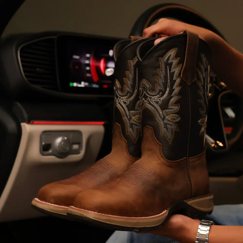 Distressed Brown “Whisky” Leather Work Boots - Square Toe