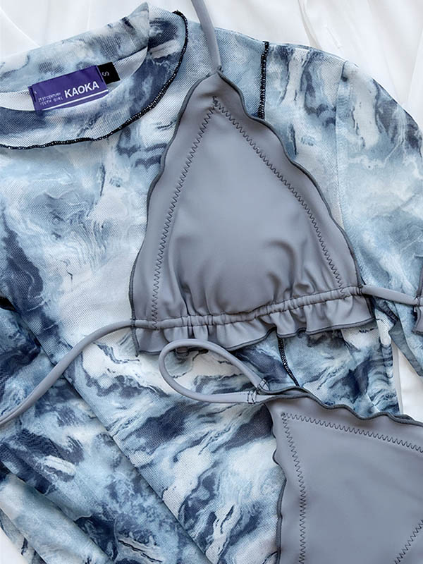 Solid Color Triangle Falbala Backless Bikini Swimwear