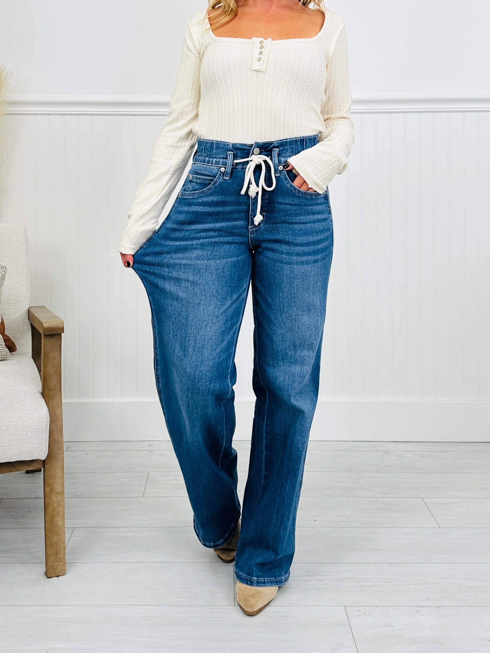 Off Duty Tummy Control Wide Leg Drawstring Jeans
