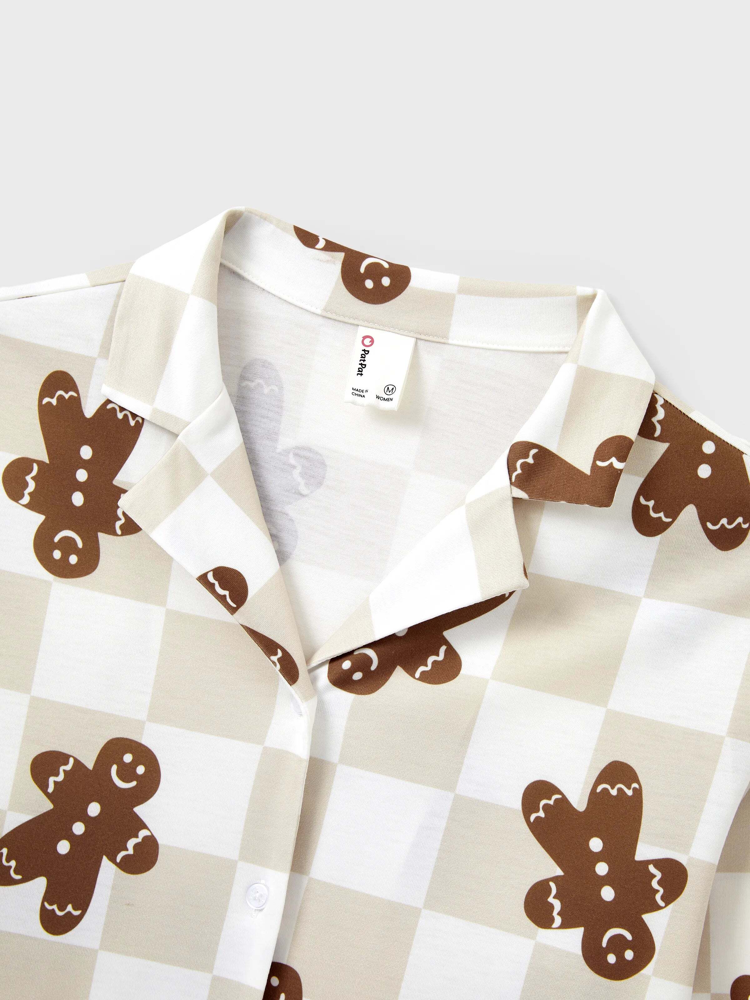 Christmas Matching Family Pajamas Set Block checkered Gingerbread Print PJS with Christmas Socks Khaki