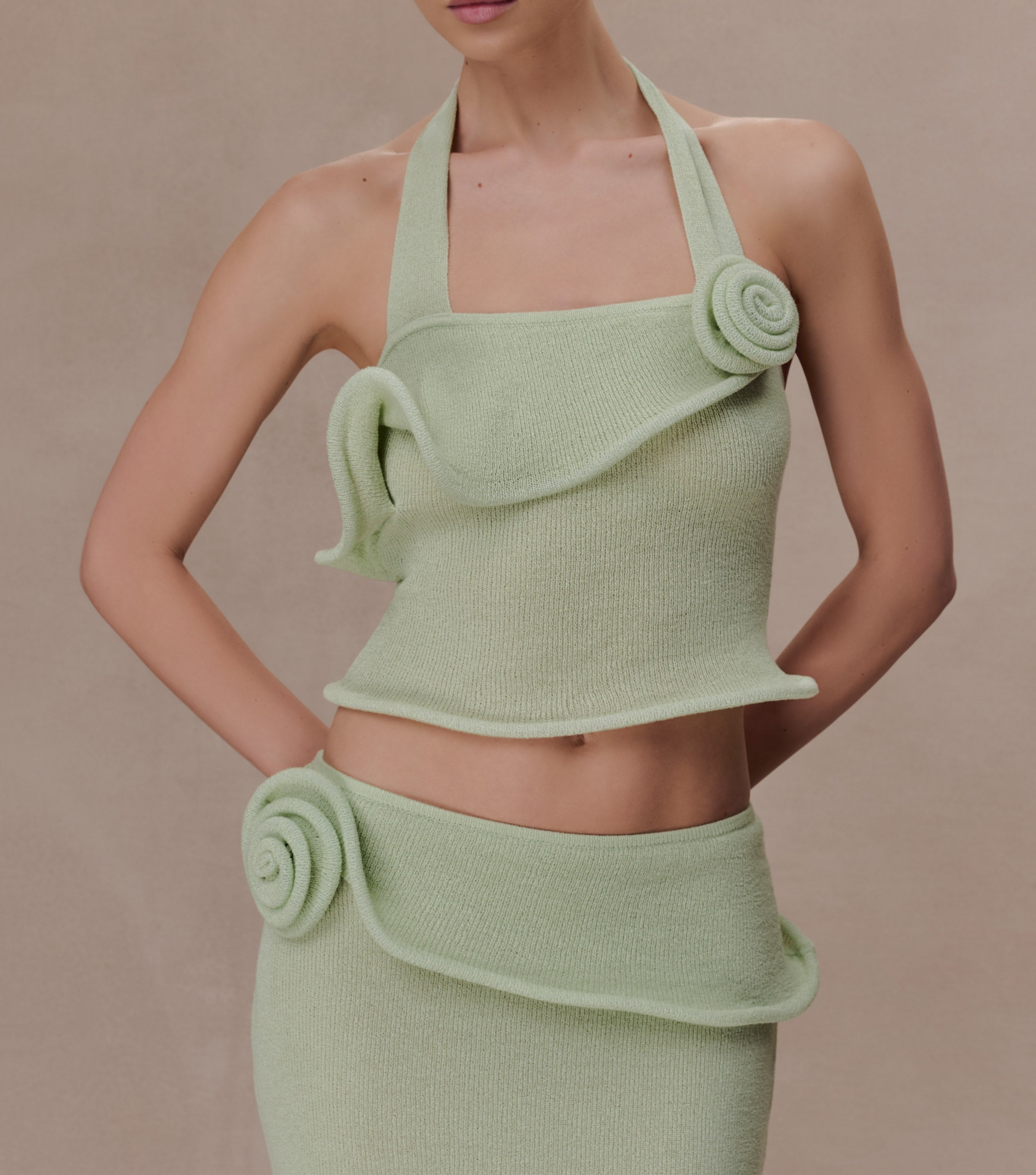 Green Halter Knit Twist Top