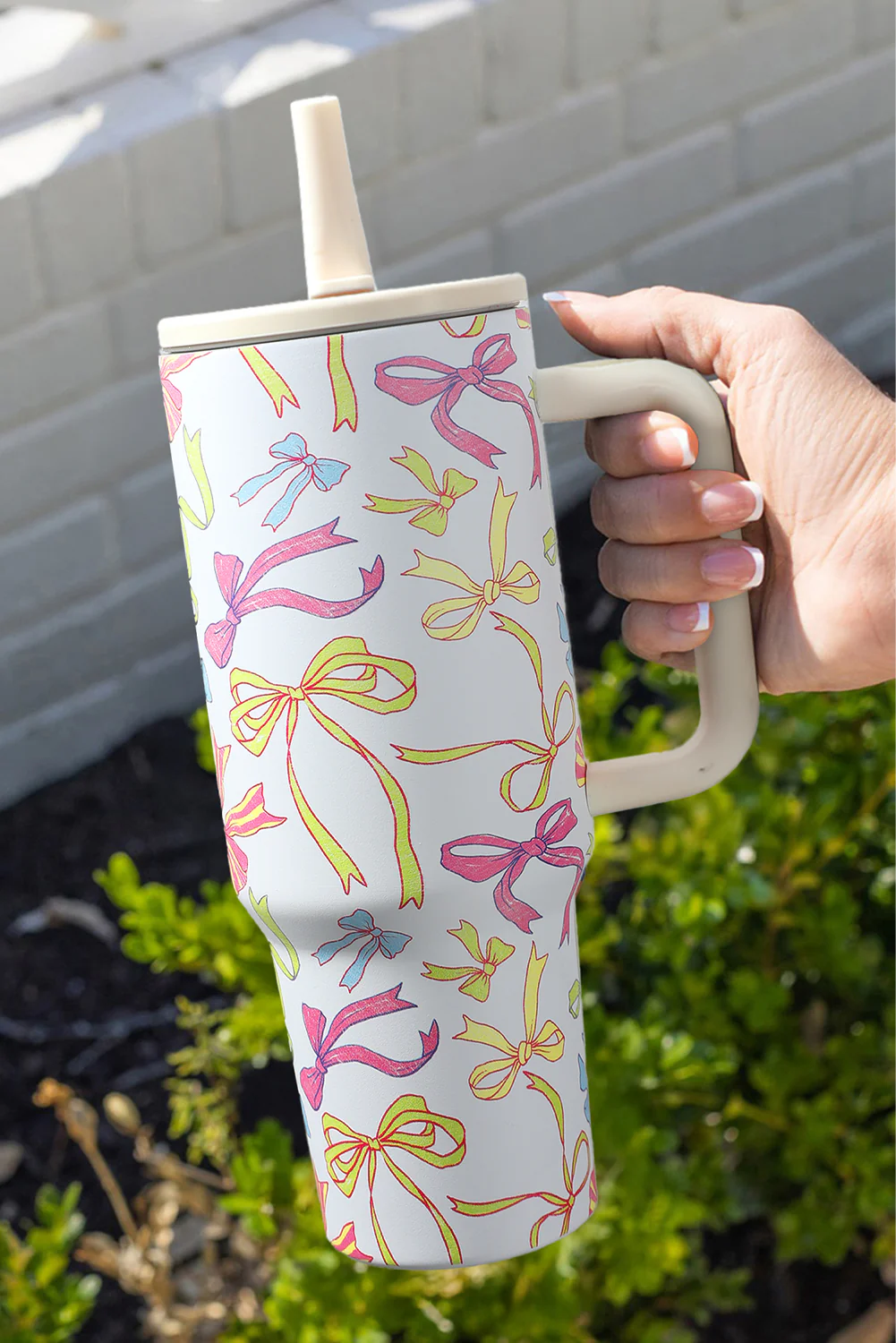 White Bow Knot Print Handle Straw Insulate Tumbler 40oz