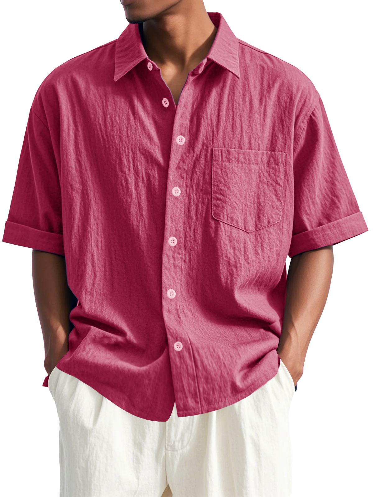 Men's Fashion Casual Pleated Fabric Short Sleeve Lapel Pocket Shirt