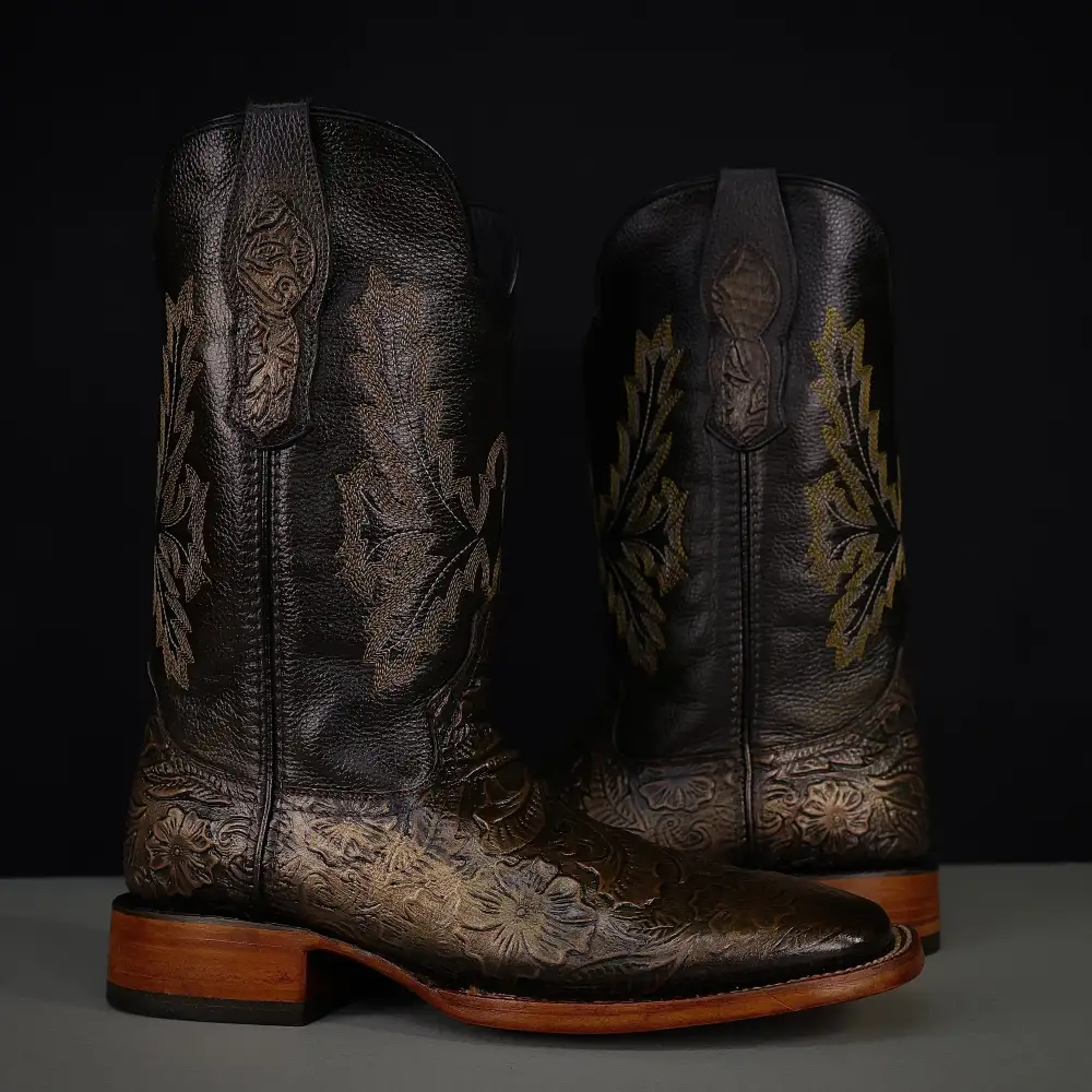 Bronze Hand-Tooled Leather Boots — Square Toe