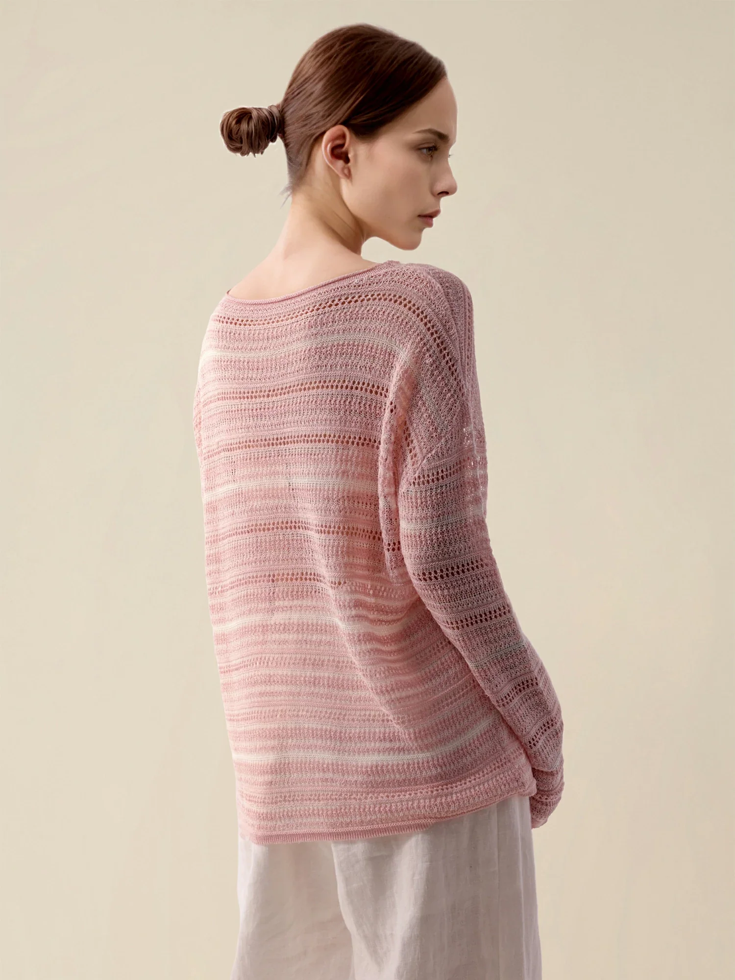 Lyocell & Silk Boat Neck Long Sleeve Striped Top