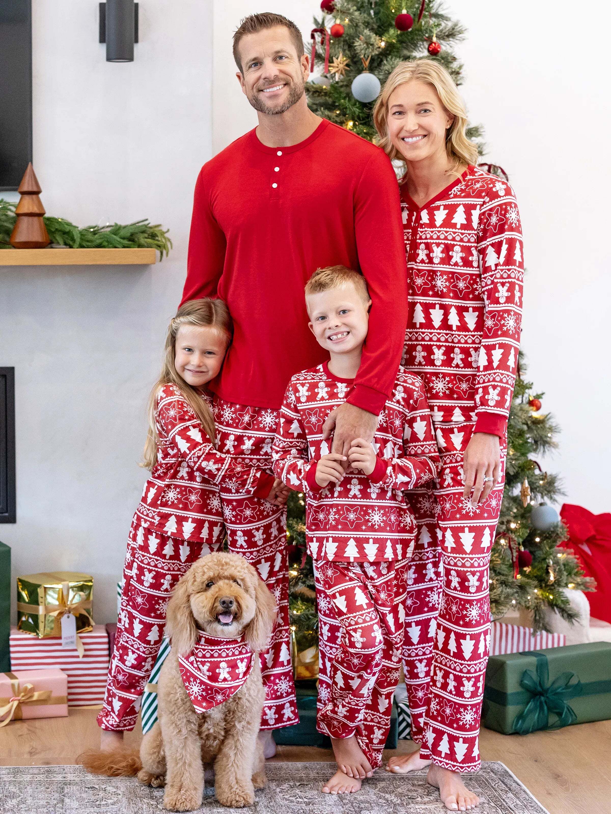 Christmas Matching Family Pajamas Set Gingerbread and Christmas Tree Print Red PJS with Christmas Socks Red