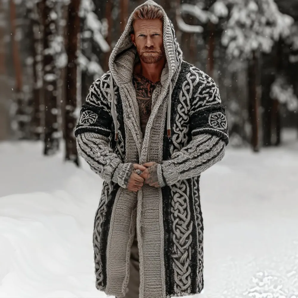 Vintage Viking Celtic Knot Knit Hooded Cardigan Sweater