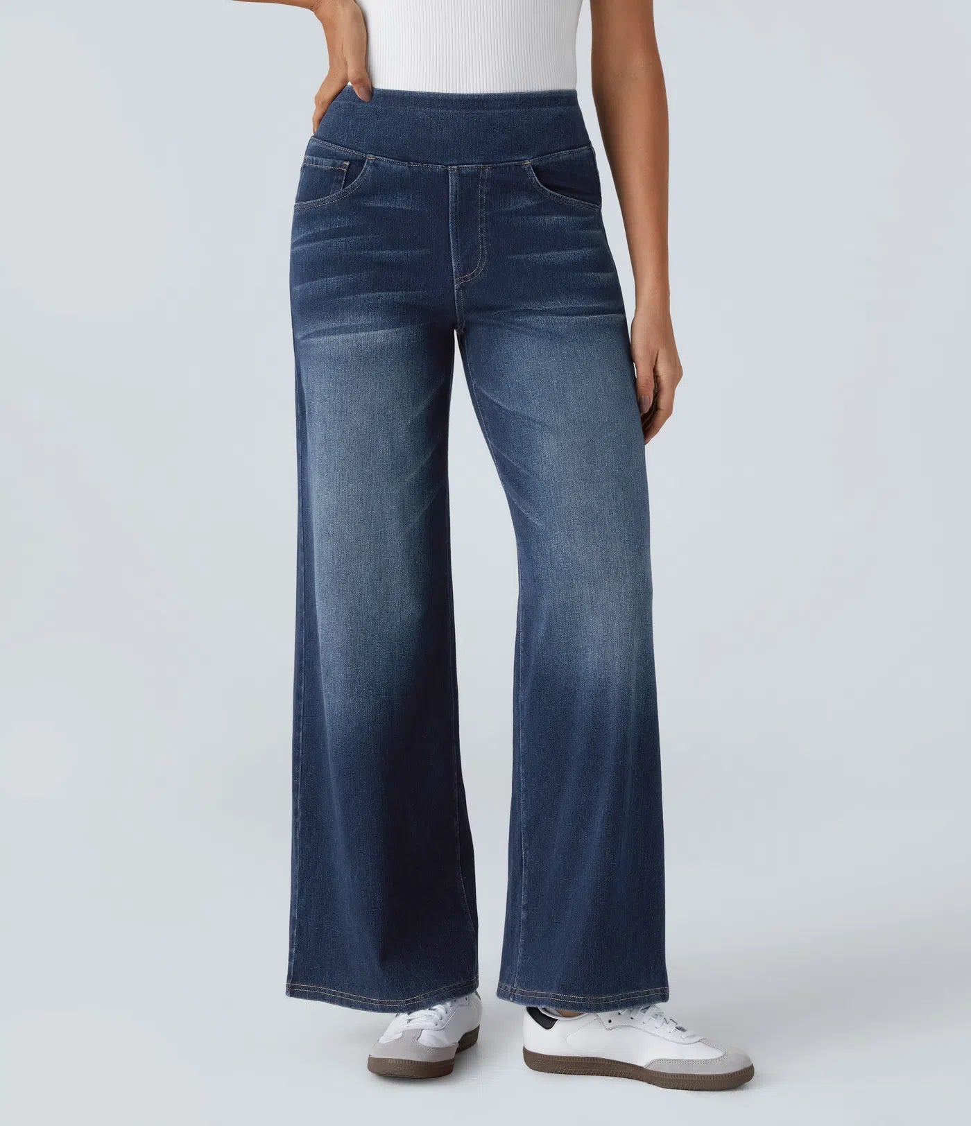 High Waisted Pockets Baggy Wide Leg Washed Casual Jeans