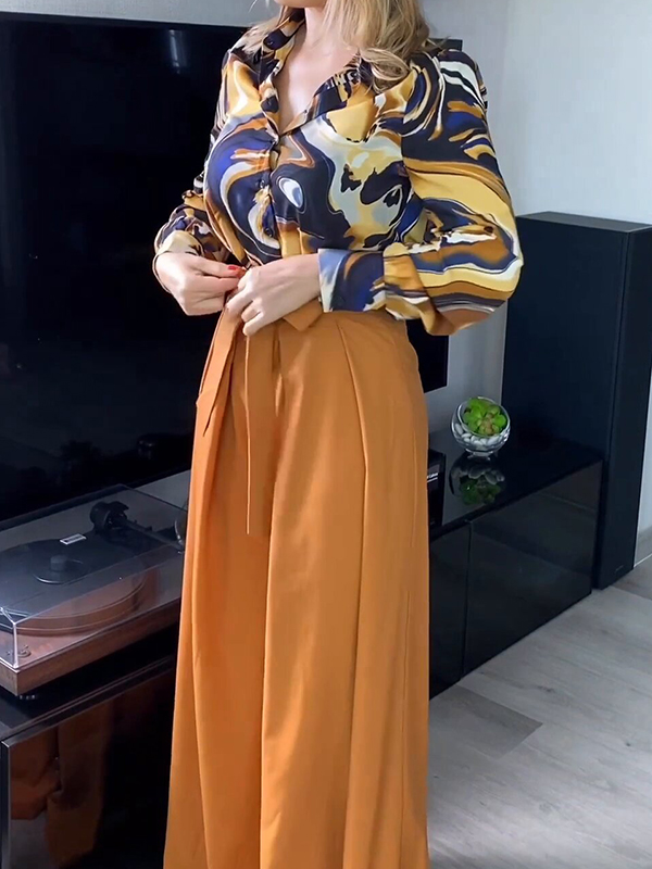 Printed Buttoned Lapel Blouse + Tied Waist High Waisted Wide Leg Pants Two Pieces Set