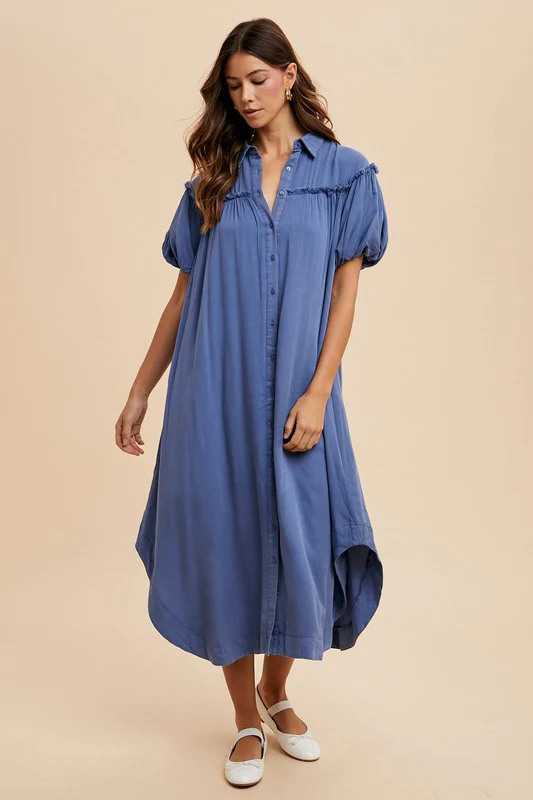 Wear Mineral Washed Button Down Puff Sleeve Shirt Dress