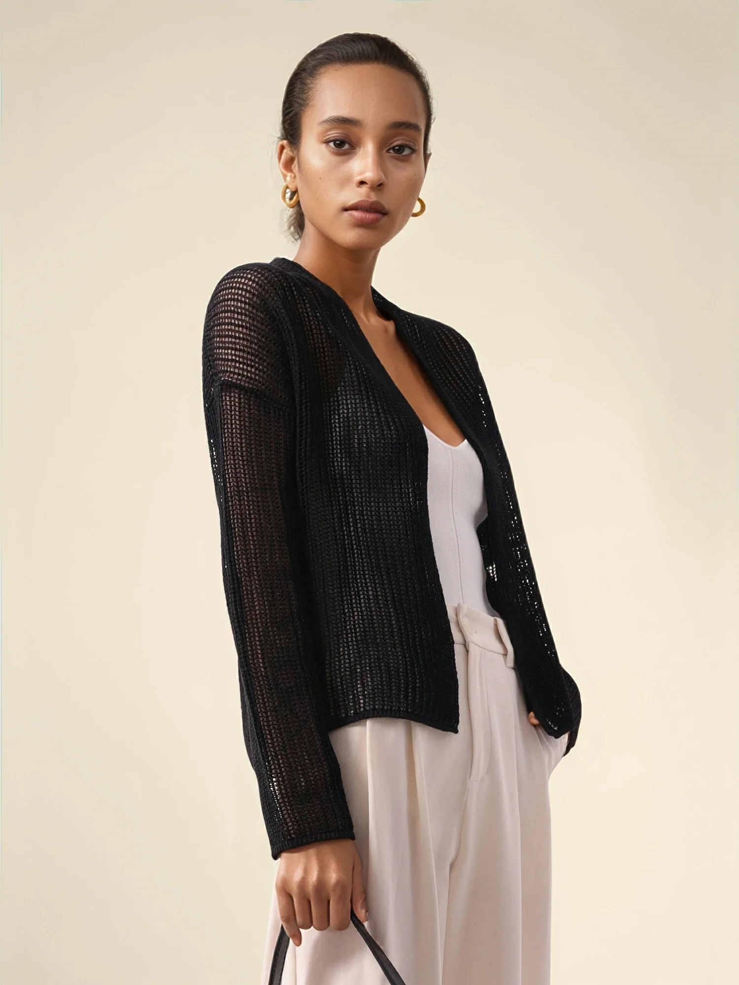 Cotton & Lyocell Long Sleeve Hollow Cardigan